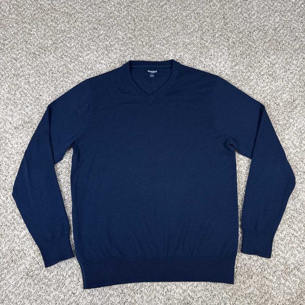 Bonobos Sweater Mens Large Navy Blue Merino Wool Slim Fit Classic Preppy V Neck